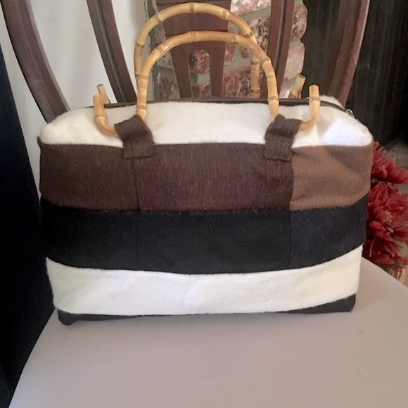 Soft Alpaca wool patchwork satchel bamboo handles - Picture 1 of 8